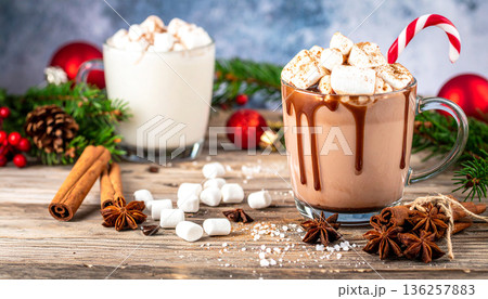 Christmas Hot Chocolate with Marshmallows and Cookies 136257883