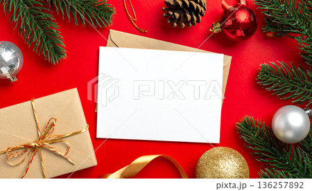 Christmas Flat Lay with Gift Box and Decorations Christmas Flat Lay with Gift Box and Decorations 136257892