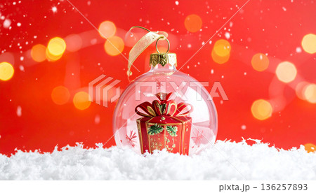 Snowy Winter Landscape with Christmas Decorations 136257893