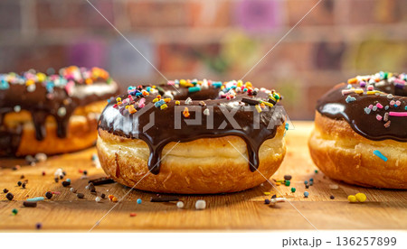 Fresh Donuts with Chocolate Glaze on Wooden Table 136257899