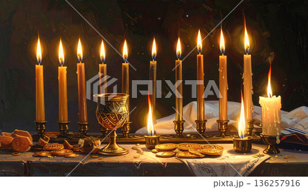 Elegant Hanukkah Menorah with Multiple Candles 136257916