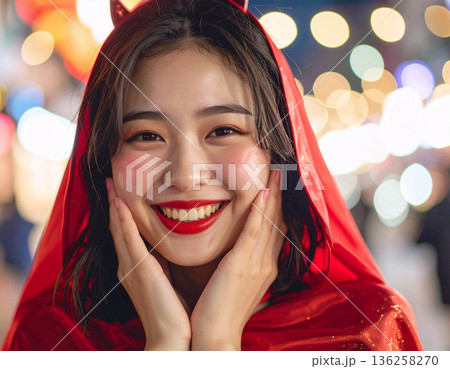 ハロウィンのコスプレで悪魔のツノをつけた若い女性 136258270