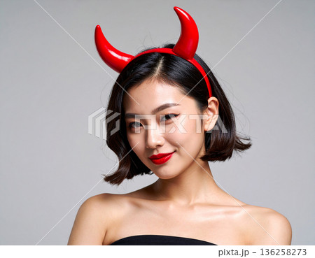 ハロウィンのコスプレで悪魔のツノをつけた若い女性 136258273