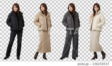 一套四件羽絨外套和西裝，適合20多歲的女性。全身鏤空PNG圖片，透明背景。休閒和正式風格。 136258537