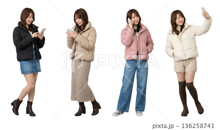 20代同一人物の女性 ダウンジャケット4色セット 全身切り抜きPNG 透過背景 スマートフォン 136258741