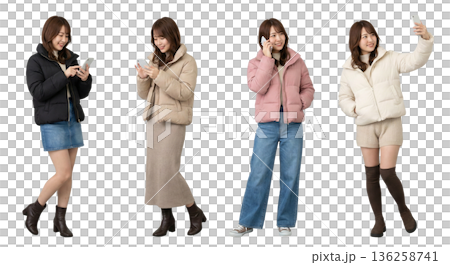 20代同一人物の女性 ダウンジャケット4色セット 全身切り抜きPNG 透過背景 スマートフォン 136258741
