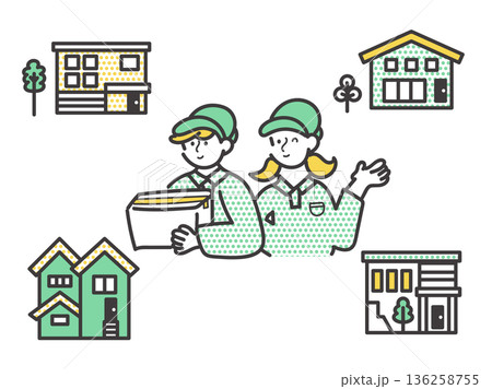 住宅と引越し業者のシンプルなイラスト 136258755