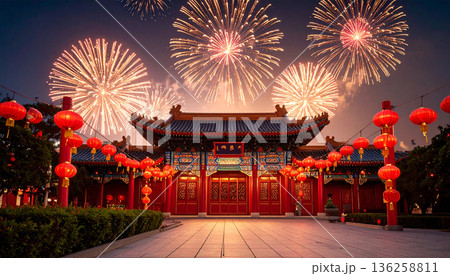 Traditional Chinese Temple with Lanterns and Fireworks at Night 136258811