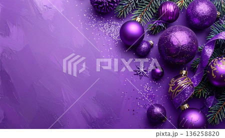 Purple Festive Christmas Background with Ornaments 136258820
