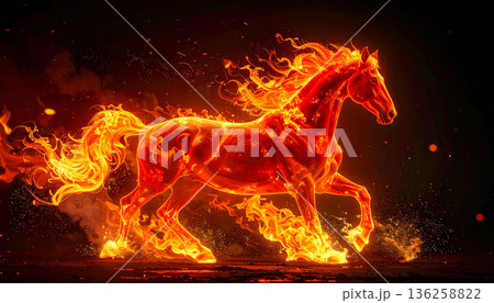 Fiery Horse Running in Flames on Dark Background Fiery Horse Running in Flames on Dark Background 136258822