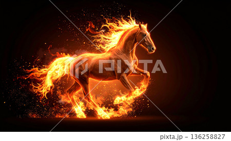 Fire Horse Silhouette with Glowing Flame Effects Fire Horse Silhouette with Glowing Flame Effects 136258827