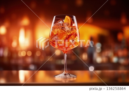 Aperol Spritz Cocktail on Bar Counter - Blurred Background 136258864