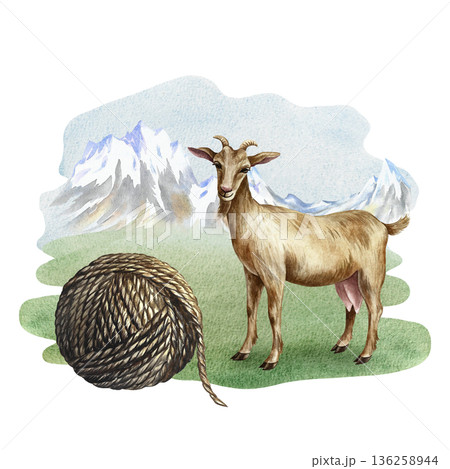Goat and a ball of woolen yarn in a mountain landscape. Hand-drawn watercolor illustration. Perfect for creating backgrounds, banners, posters, packaging designs, labels, and more. 136258944