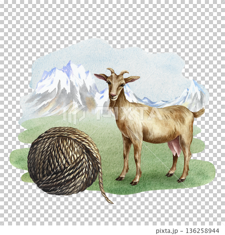 Goat and a ball of woolen yarn in a mountain landscape. Hand-drawn watercolor illustration. Perfect for creating backgrounds, banners, posters, packaging designs, labels, and more. 136258944