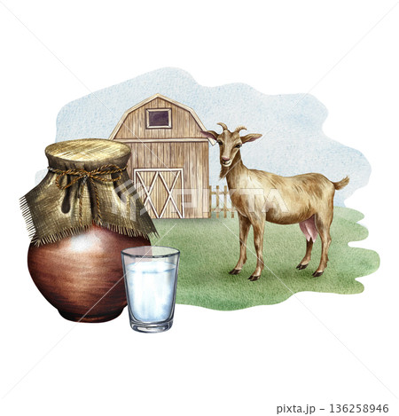 Goat milk. A clay jug and a glass of milk in a rural scene with a goat. A hand-drawn watercolor illustration. Perfect for advertising dairy products, banners, posters, packaging, labels, and more. 136258946