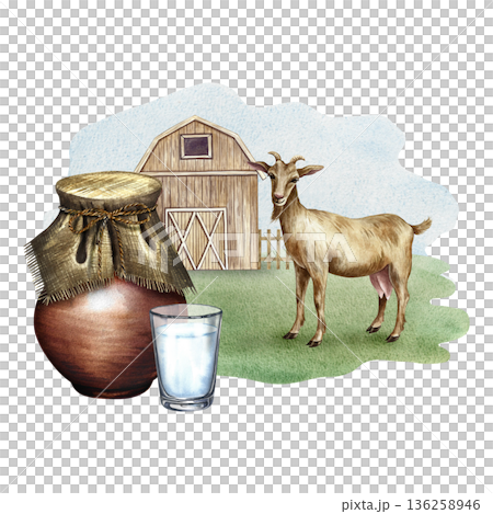 Goat milk. A clay jug and a glass of milk in a rural scene with a goat. A hand-drawn watercolor illustration. Perfect for advertising dairy products, banners, posters, packaging, labels, and more. 136258946