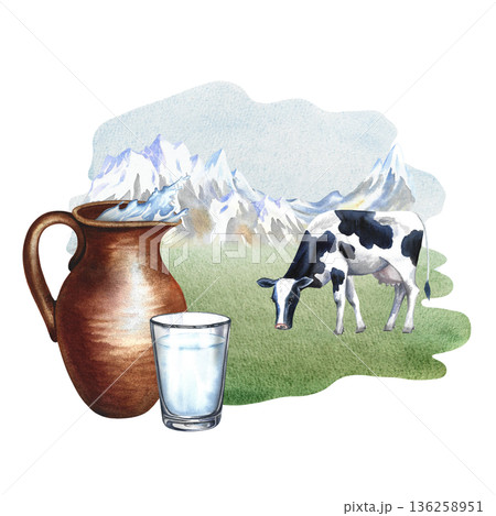 Cow's milk. A clay jug and a glass of milk in a pasture with a cow. A hand-drawn watercolor illustration. Perfect for advertising dairy products, banners, posters, packaging design, labels, and more. 136258951