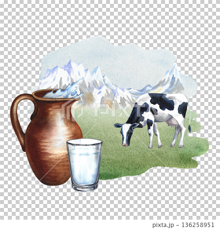Cow's milk. A clay jug and a glass of milk in a pasture with a cow. A hand-drawn watercolor illustration. Perfect for advertising dairy products, banners, posters, packaging design, labels, and more. 136258951