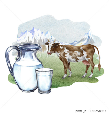 Cow's milk. Glass jug and glass of milk in a pasture with a cow. Hand-drawn watercolor illustration. Perfect for advertising dairy products, banners, posters, packaging design, labels, and more. 136258953
