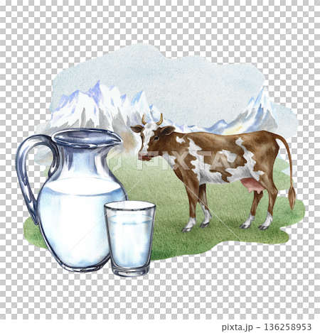 Cow's milk. Glass jug and glass of milk in a pasture with a cow. Hand-drawn watercolor illustration. Perfect for advertising dairy products, banners, posters, packaging design, labels, and more. Cow's milk. Glass jug and glass of milk in a pasture with a cow. Hand-drawn watercolor illustration. Perfect for advertising dairy products, banners, posters, packaging design, labels, and more. 136258953