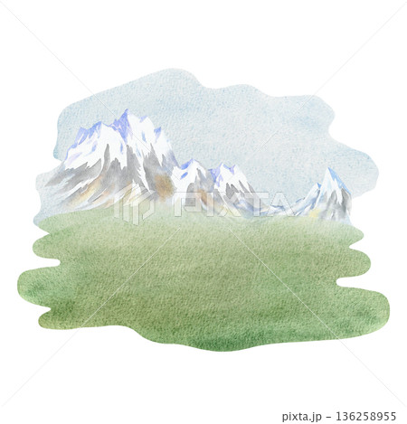 Mountain landscape. Hand-drawn watercolor illustration. Perfect for backgrounds, banners, posters, packaging design, labels, and more. 136258955