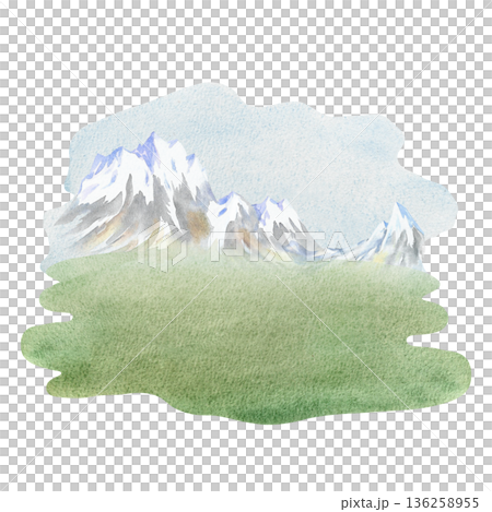 Mountain landscape. Hand-drawn watercolor illustration. Perfect for backgrounds, banners, posters, packaging design, labels, and more. 136258955
