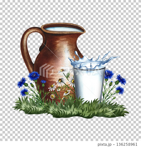 A clay jug and a glass of milk on a lawn with wildflowers. Hand-drawn watercolor illustration. Colorful image of a healthy product. Perfect for packaging, labels, postcards, banners, posters and more. A clay jug and a glass of milk on a lawn with wildflowers. Hand-drawn watercolor illustration. Colorful image of a healthy product. Perfect for packaging, labels, postcards, banners, posters and more. 136258961