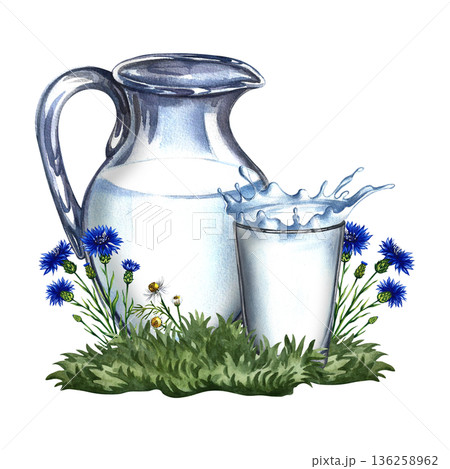 Glass jug and glass of milk on a lawn with cornflowers. Hand-drawn watercolor illustration. Colorful image of a healthy product. Perfect for packaging, labels, postcards, banners, posters, and more. Glass jug and glass of milk on a lawn with cornflowers. Hand-drawn watercolor illustration. Colorful image of a healthy product. Perfect for packaging, labels, postcards, banners, posters, and more. 136258962