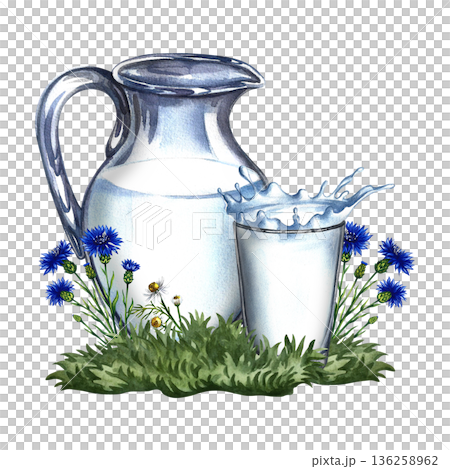 Glass jug and glass of milk on a lawn with cornflowers. Hand-drawn watercolor illustration. Colorful image of a healthy product. Perfect for packaging, labels, postcards, banners, posters, and more. 136258962