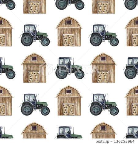Seamless pattern with agricultural tractors and barns. Hand-drawn watercolor illustration. Perfect for backgrounds, textiles, wrapping paper, and more. 136258964