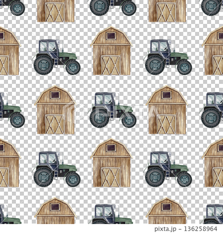 Seamless pattern with agricultural tractors and barns. Hand-drawn watercolor illustration. Perfect for backgrounds, textiles, wrapping paper, and more. 136258964