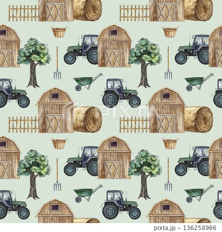 Seamless drawing of an agricultural yard with equipment. Hand-drawn watercolor illustration. On a blue background. Perfect for backgrounds, textiles, wrapping paper, and more. Seamless drawing of an agricultural yard with equipment. Hand-drawn watercolor illustration. On a blue background. Perfect for backgrounds, textiles, wrapping paper, and more. 136258966