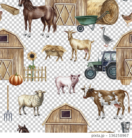 Seamless pattern with an agricultural yard, equipment, and farm animals. Hand-drawn watercolor illustration. Perfect for backgrounds, textiles, wrapping paper, and more. 136258967