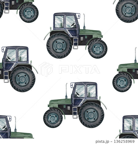 Seamless pattern with agricultural tractors. Hand-drawn watercolor illustration. Perfect for backgrounds, textiles, wrapping paper, and more. Seamless pattern with agricultural tractors. Hand-drawn watercolor illustration. Perfect for backgrounds, textiles, wrapping paper, and more. 136258969