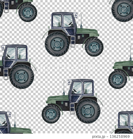 Seamless pattern with agricultural tractors. Hand-drawn watercolor illustration. Perfect for backgrounds, textiles, wrapping paper, and more. Seamless pattern with agricultural tractors. Hand-drawn watercolor illustration. Perfect for backgrounds, textiles, wrapping paper, and more. 136258969