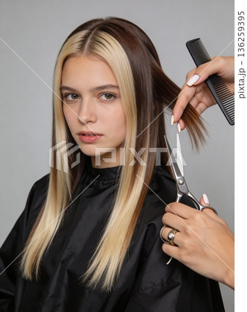 A woman with blonde and brown hair is getting her hair cut by a stylist A woman with blonde and brown hair is getting her hair cut by a stylist 136259395