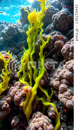Underwater world, algae, corals, rocks at the bottom of the sea 136259442