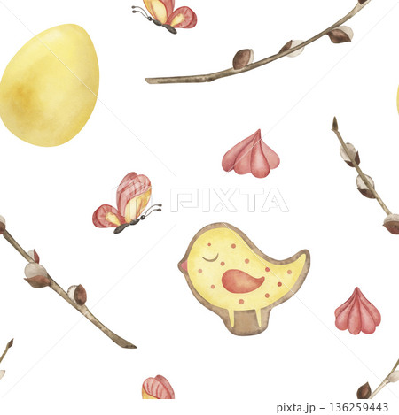 An Easter seamless pattern featuring chicken-shaped cookies, egg, and willow branches. The hand-drawn watercolor illustration is inspired by botanical motifs. Perfect for holiday, wrapping paper An Easter seamless pattern featuring chicken-shaped cookies, egg, and willow branches. The hand-drawn watercolor illustration is inspired by botanical motifs. Perfect for holiday, wrapping paper 136259443