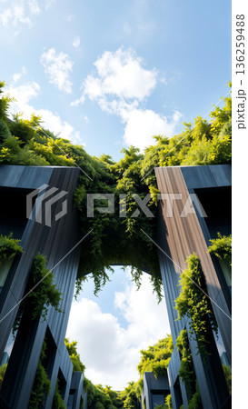 Greening of the metropolis. Landscape design in the style of vertical gardens. View from the bottom up 136259488