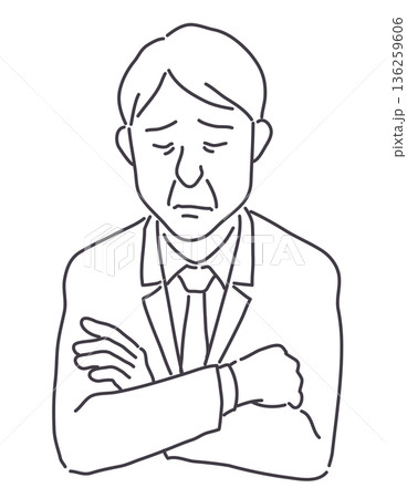 腕組みをして悩む中年男性 線のみ 腕組みをして悩む中年男性 線のみ 136259606