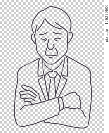 腕組みをして悩む中年男性 線のみ 腕組みをして悩む中年男性 線のみ 136259606