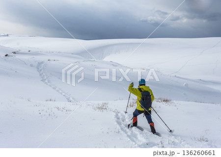 スノーシュートレッキングのイメージ　鳥取砂丘の雪景色  136260661
