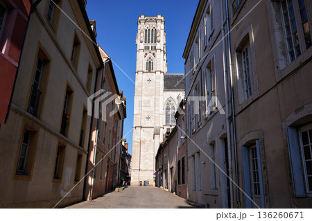 Narrow street with view of cathedral tower Chalon sur Saone 136260671