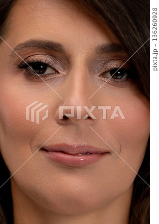 Elegant radiant beauty, Caucasian woman with shimmering eyelids and gentle expression, Poised female model showcases luminous skin and tasteful shimmer in studio setting Elegant radiant beauty, Caucasian woman with shimmering eyelids and gentle expression, Poised female model showcases luminous skin and tasteful shimmer in studio setting 136260928
