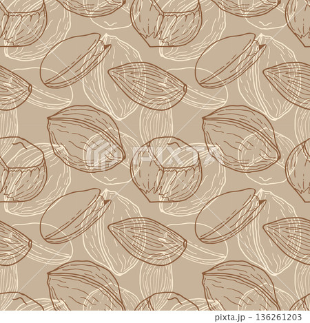 Brown pattern with hand-drawn walnuts, hazelnuts, pistachios, and almonds. Outline graphics. Packaging, wallpaper, wrapper, background. 136261203