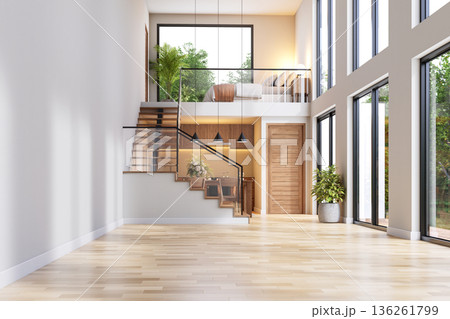 Modern empty living room in a bright two-level home with a mezzanine bedroom and kitchen 3d render Modern empty living room in a bright two-level home with a mezzanine bedroom and kitchen 3d render 136261799