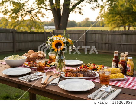 バーベキューと花のあるアウトドアディナー 136261955
