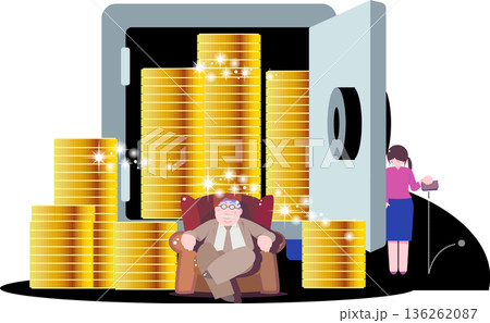 金庫に積まれた大量の金貨と裕福な男、そして財布が空で悲しむ女性の格差社会イラスト 136262087
