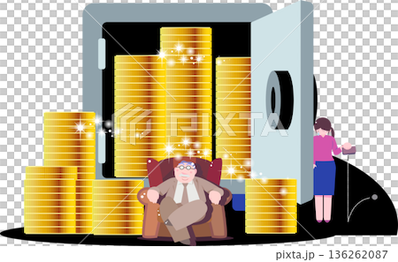 金庫に積まれた大量の金貨と裕福な男、そして財布が空で悲しむ女性の格差社会イラスト 136262087