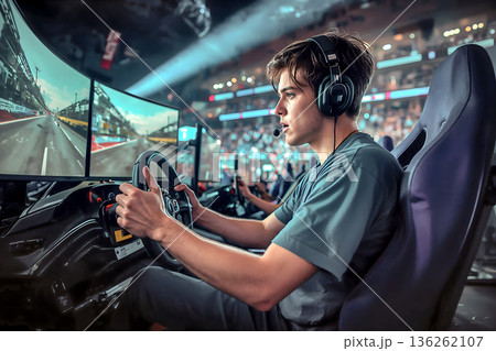 eスポーツ施設、レーシングシミュレーターを操作する若者 ai 136262107
